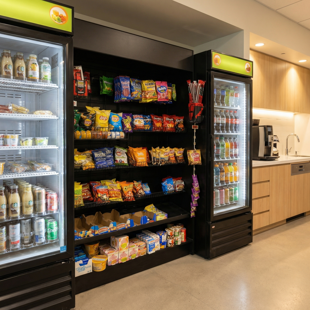 Workplace micro-market with drinks and snacks